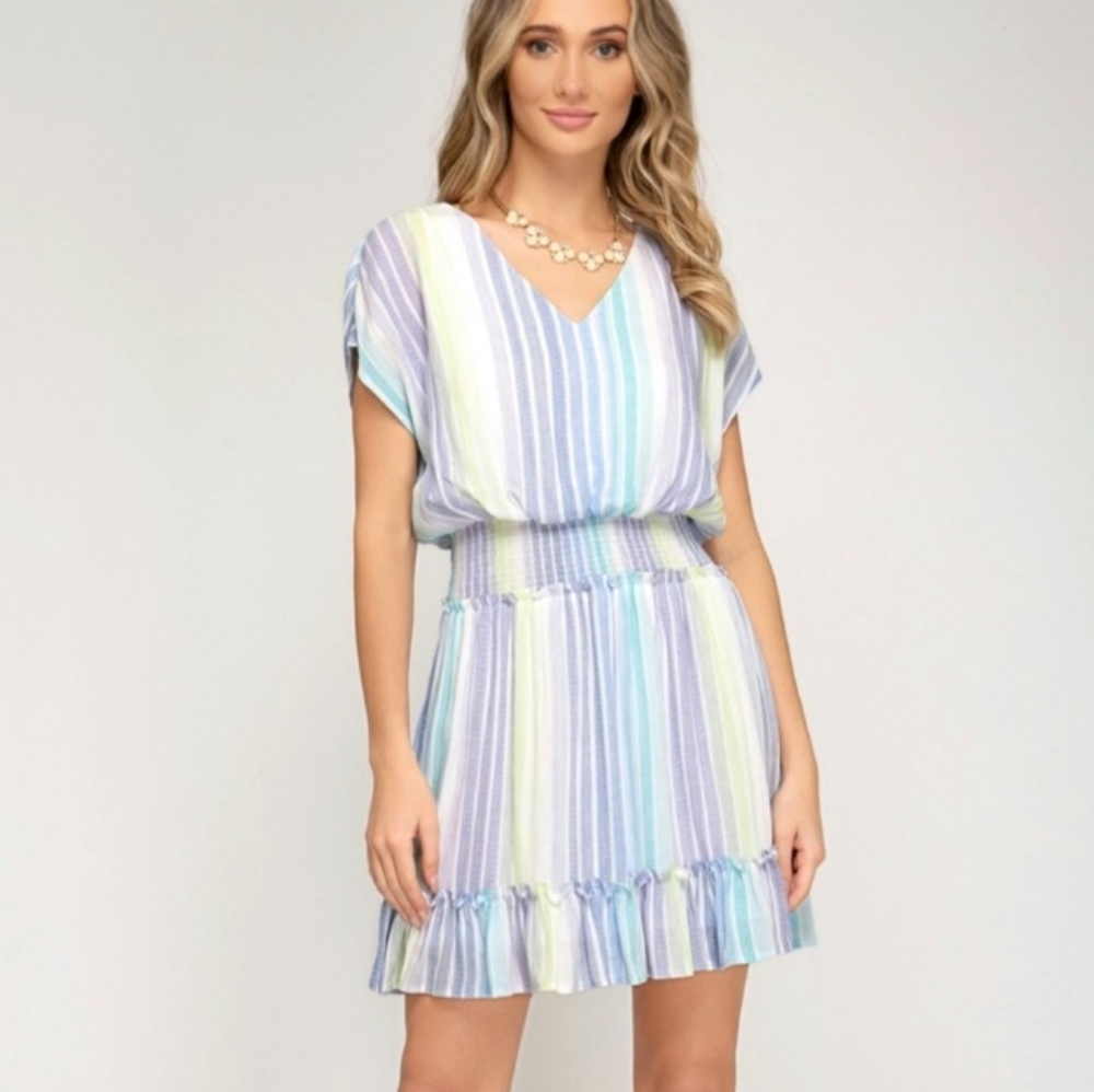 She and Sky Striped Tiered Smock Waist Mini Dress Sz Small Multicolor Pastel